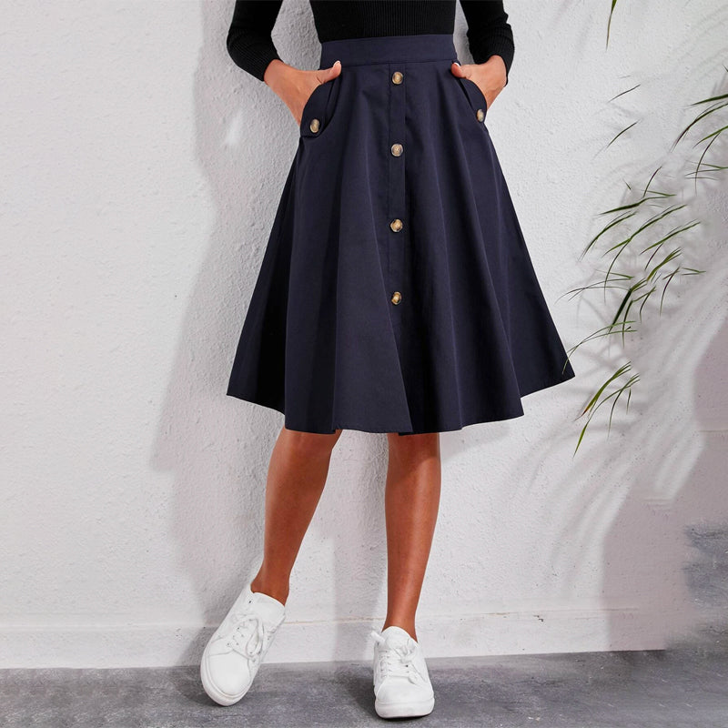 Solid Single Breasted Flare Skirt