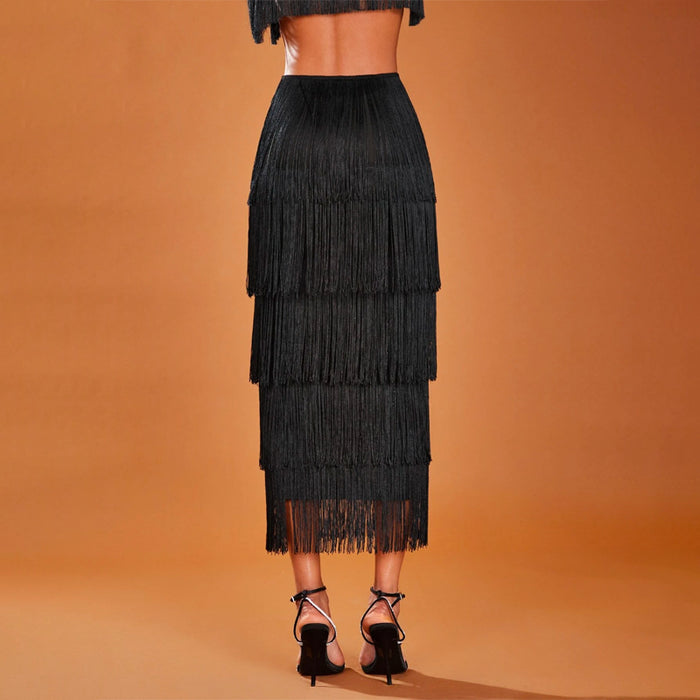 High Waist Fringe Trim Skirt