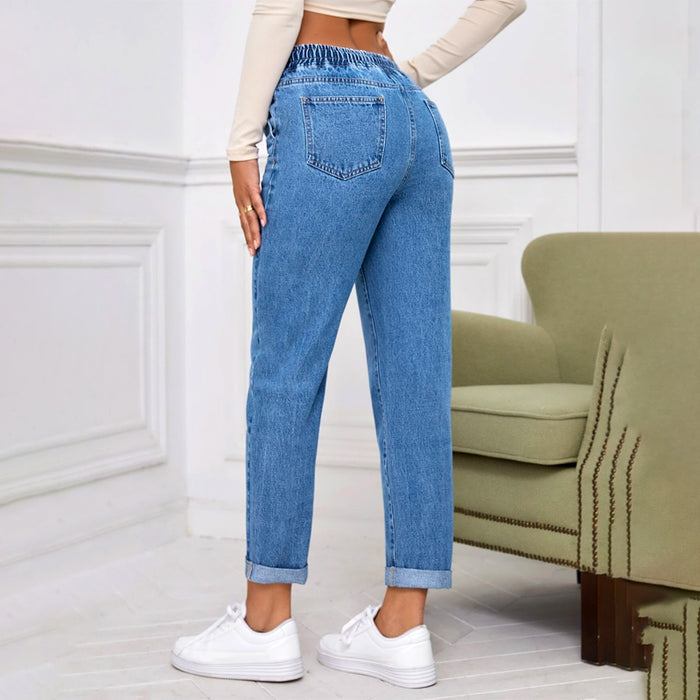 Drawstring Waist Roll Hem Mom Fit Jeans