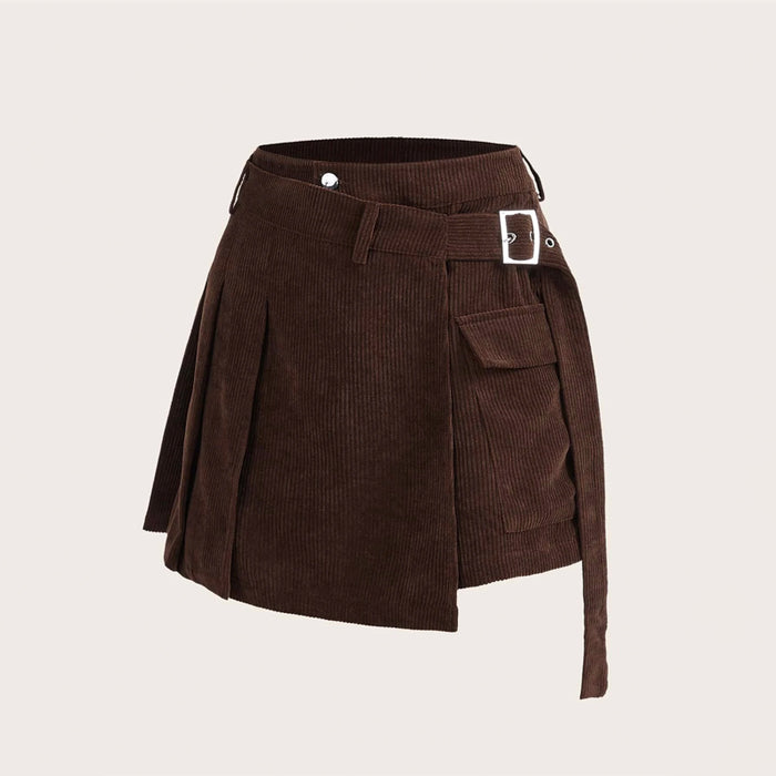 Flap Pocket Buckle Belted Corduroy Pleated Cargo Skirt