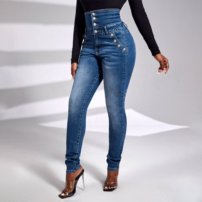 High Waist Button Front Plain Skinny Jeans