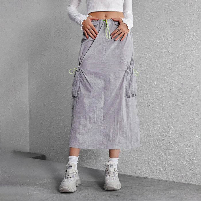 Drawstring Waist Pocket Patched Skirt