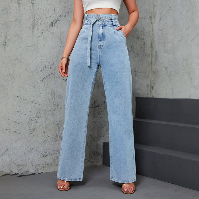 High Waist Belted Straight Leg Jeans