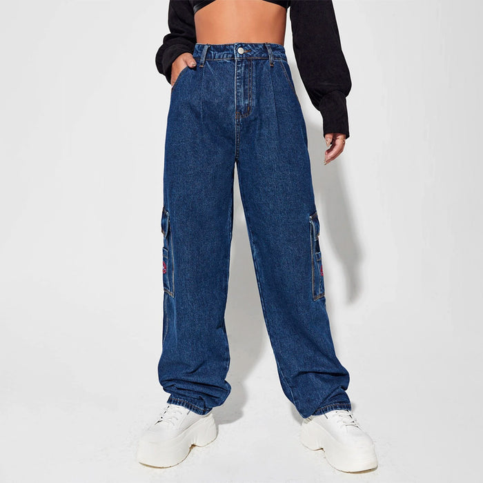 Patched Detail Flap Pocket Wide Leg Jeans