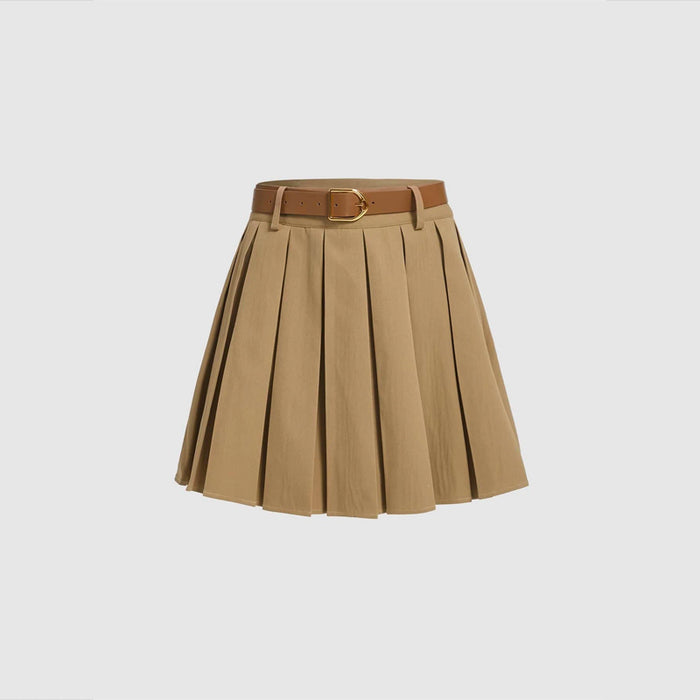 Solid Pleated Belted Skirt