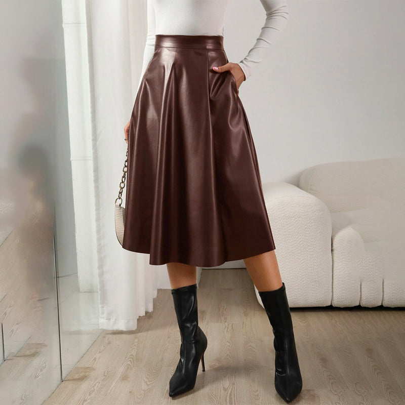 High Waist Slant Pocket PU Skirt