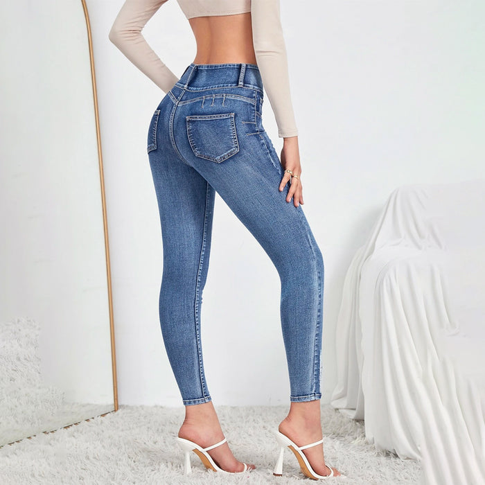 Denim Button Detail Ripped Skinny Jeans