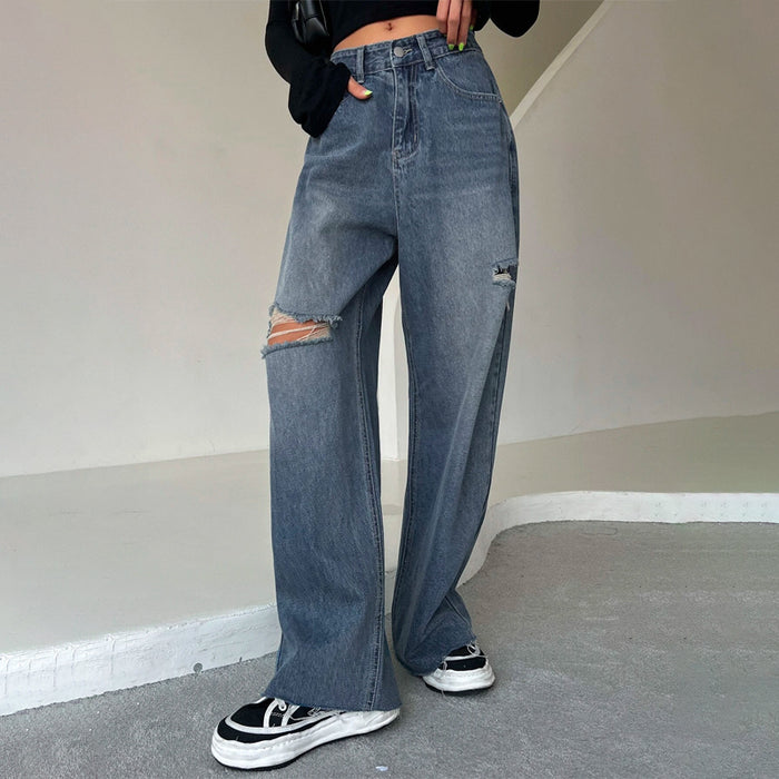 Ripped Raw Trim Wide Leg Jeans