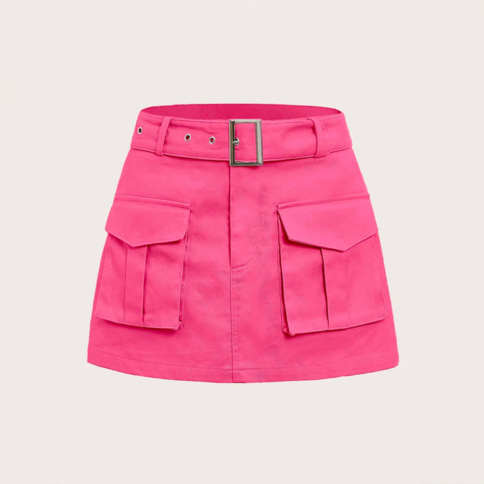 Flap Pocket Buckle Belted Cargo Skirt