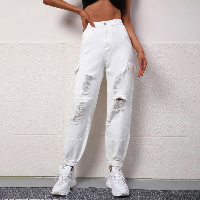 High Waist Plain Ripped Cargo Jeans