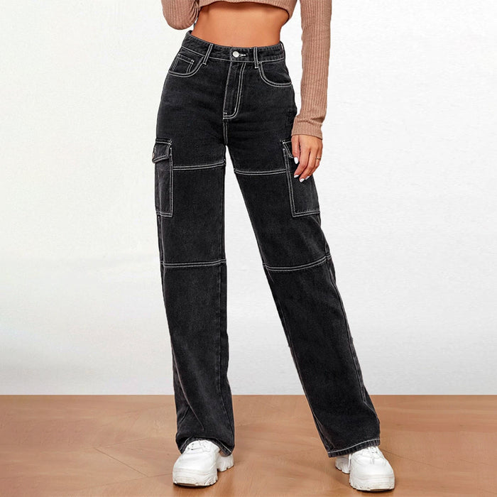 High Waist Flap Pocket Whip Stitch Jeans