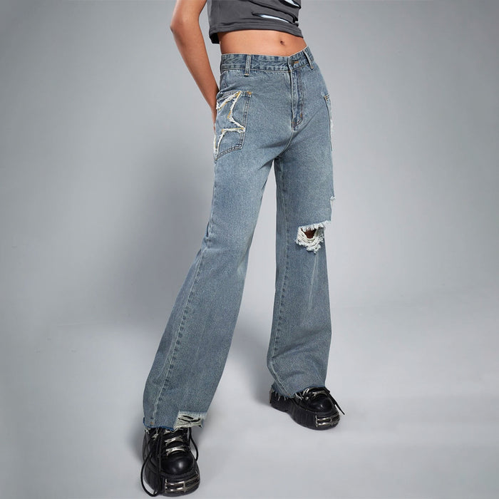 Grunge Punk Ripped Raw Hem Flare Leg Jeans