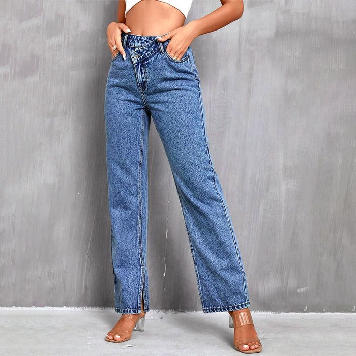 Asymmetrical Waist Straight Leg Denim Jeans