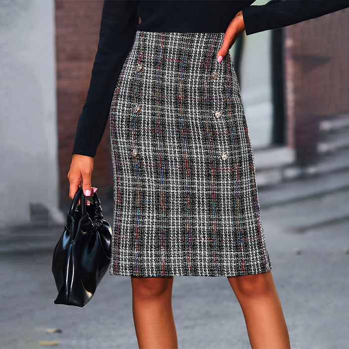 Plaid Split Back Tweed Straight Skirt