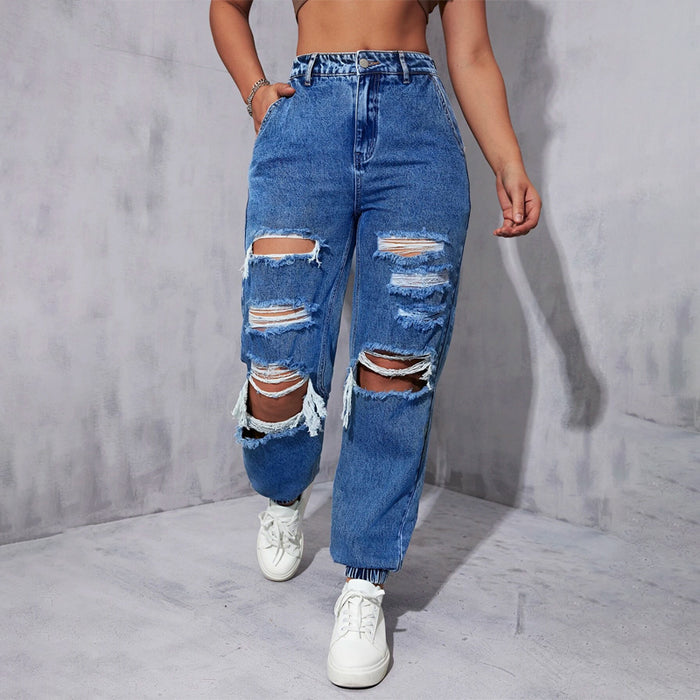 Plain Ripped Cut Out Jogger Jeans