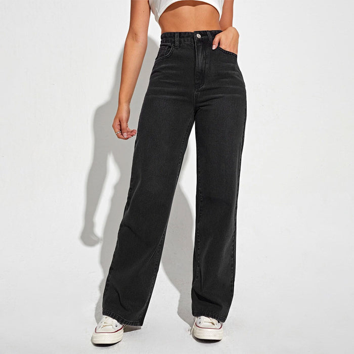 High Waist Slant Pocket Straight Leg Jeans