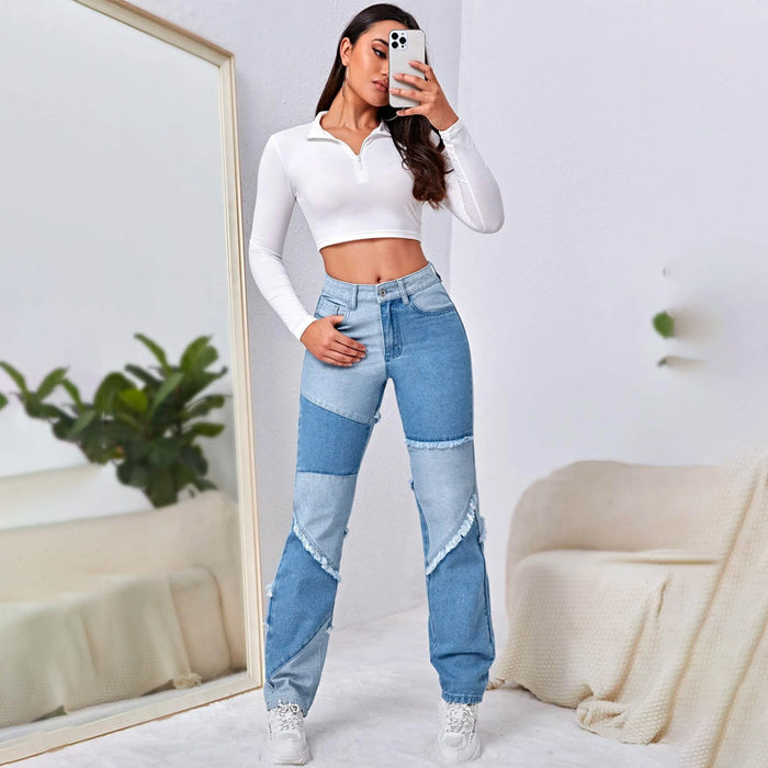 High Waist Colorblock Straight Leg Jeans