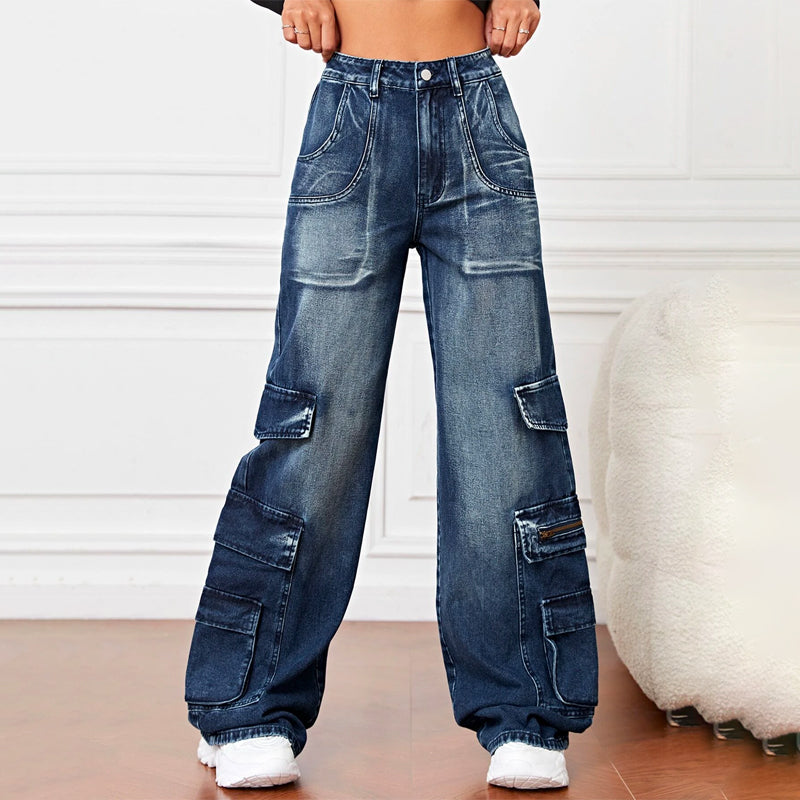 High Waist Pocket Cargo Jeans