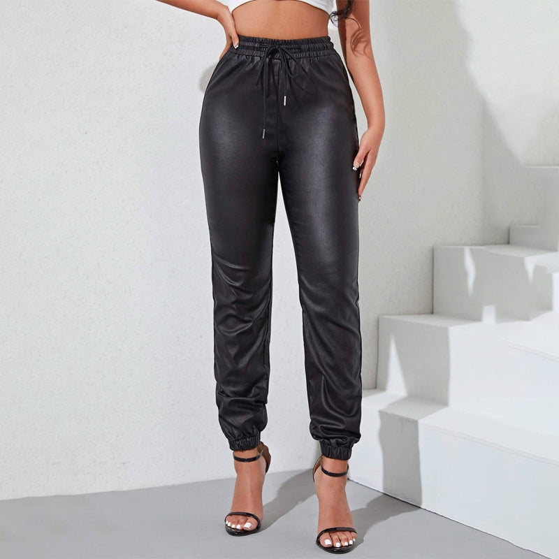 Leather Drawstring High Waisted Jogger Jeans