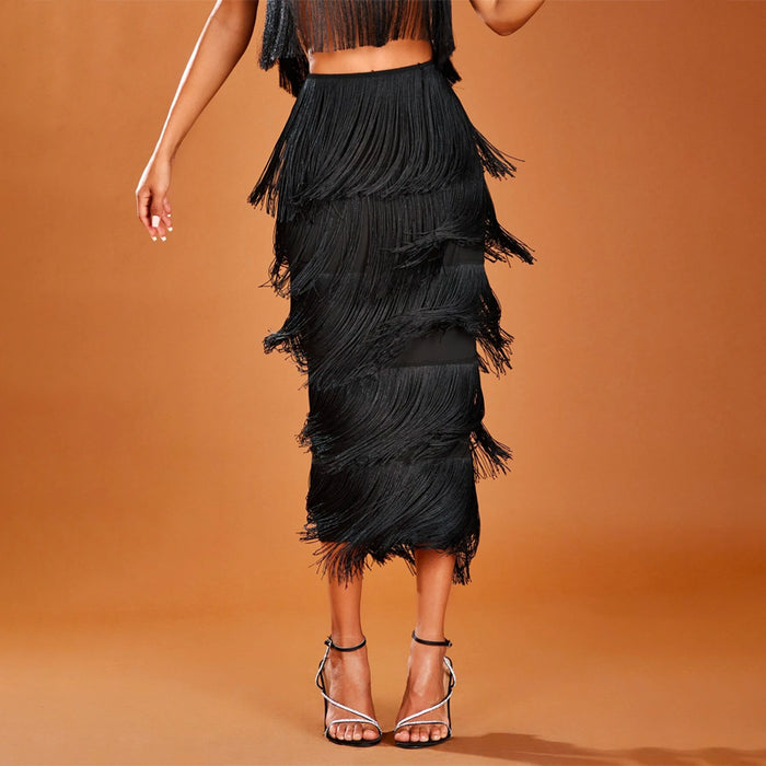 High Waist Fringe Trim Skirt