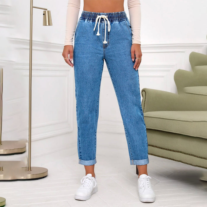 Drawstring Waist Roll Hem Mom Fit Jeans