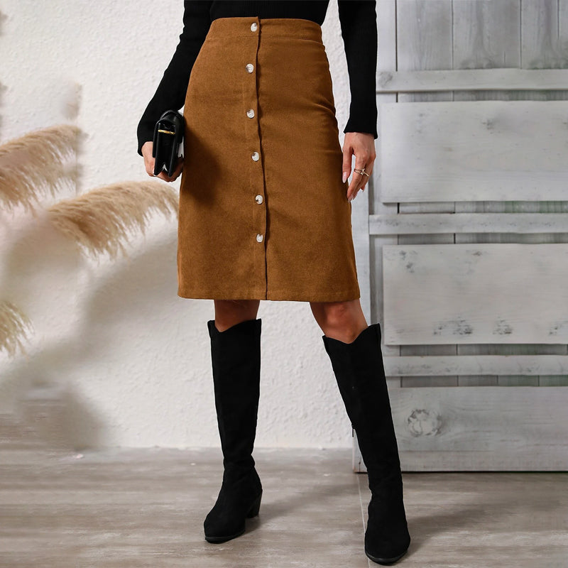 High Waist Button Front Corduroy Skirt