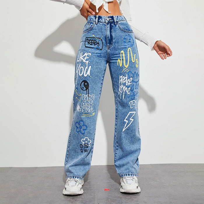 Slogan and Yin & Yang Print Jeans