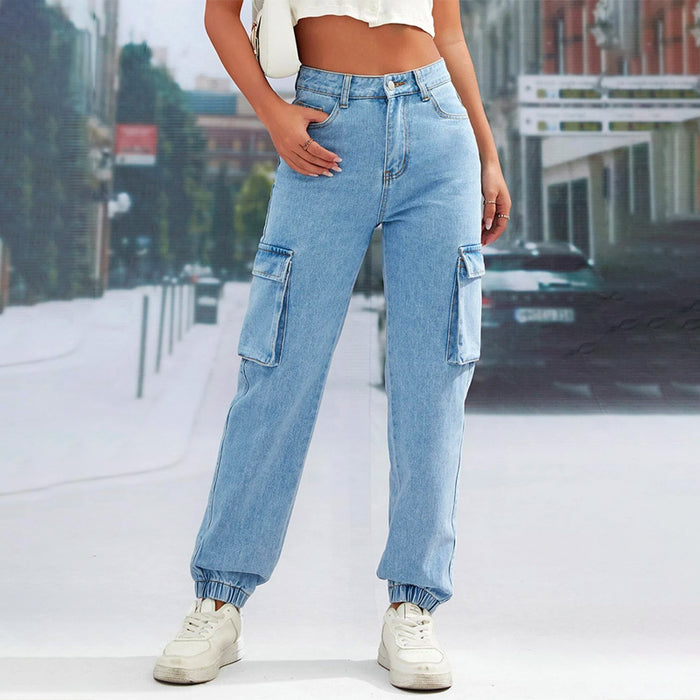 High Waist Flap Pocket Side Cargo Jeans