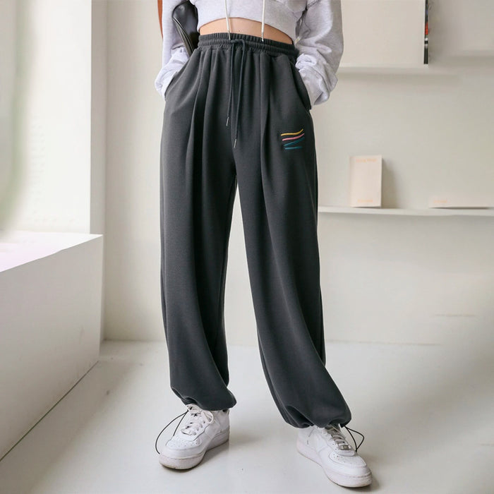 Striped Embroidered Drawstring Waist Sweatpants