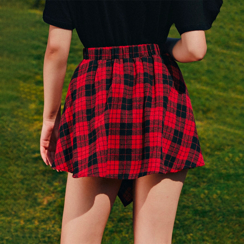 Knot Front Asymmetrical Hem Plaid Skirt