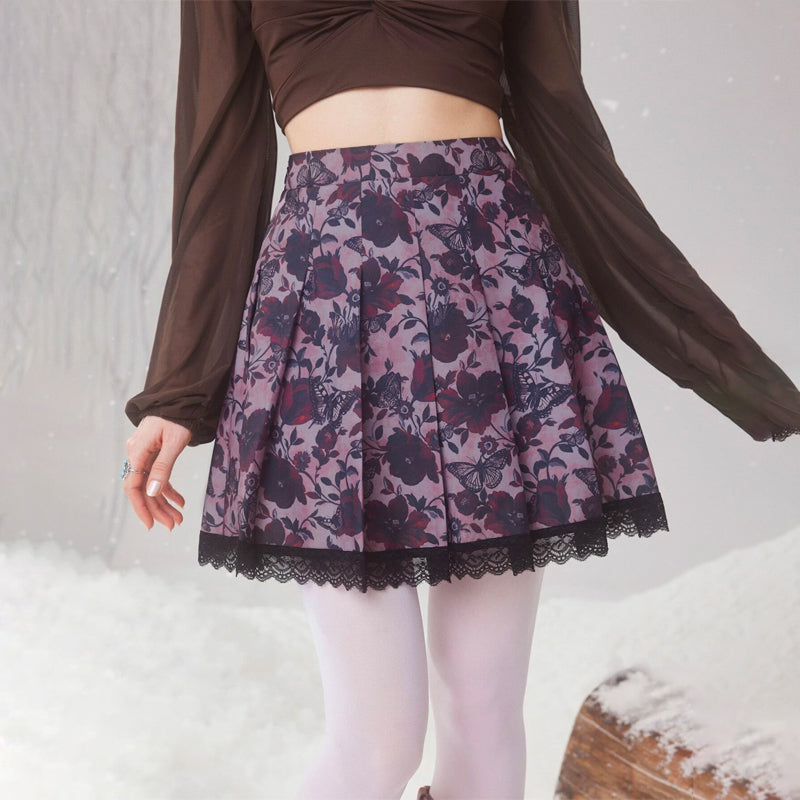 Floral Print Contrast Lace Pleated Skirt