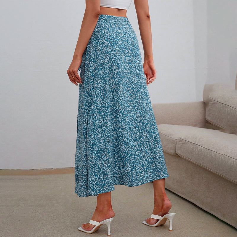 Floral Split Thigh Knot Side Wrap Skirt