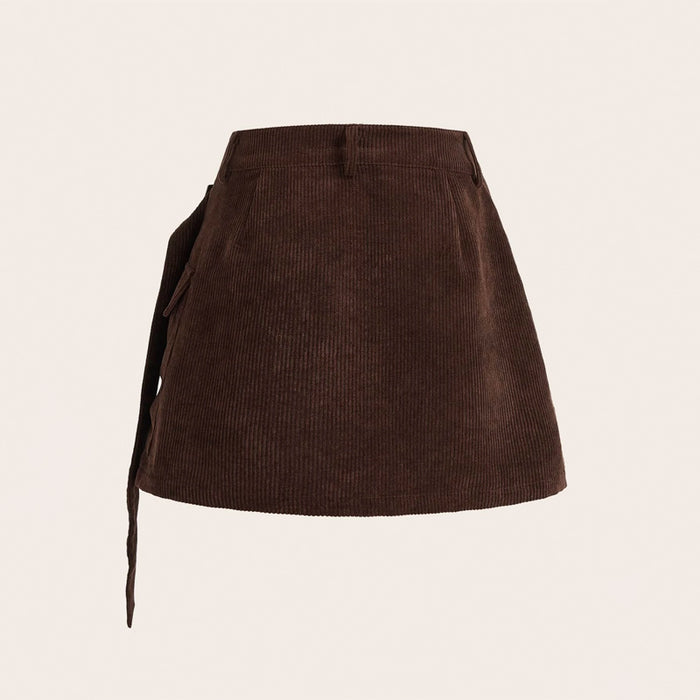 Flap Pocket Buckle Belted Corduroy Pleated Cargo Skirt