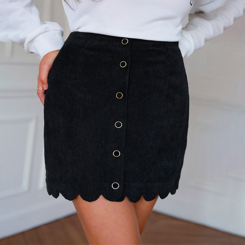 Frenchy Scallop Hem Button Front Corduroy Skirt