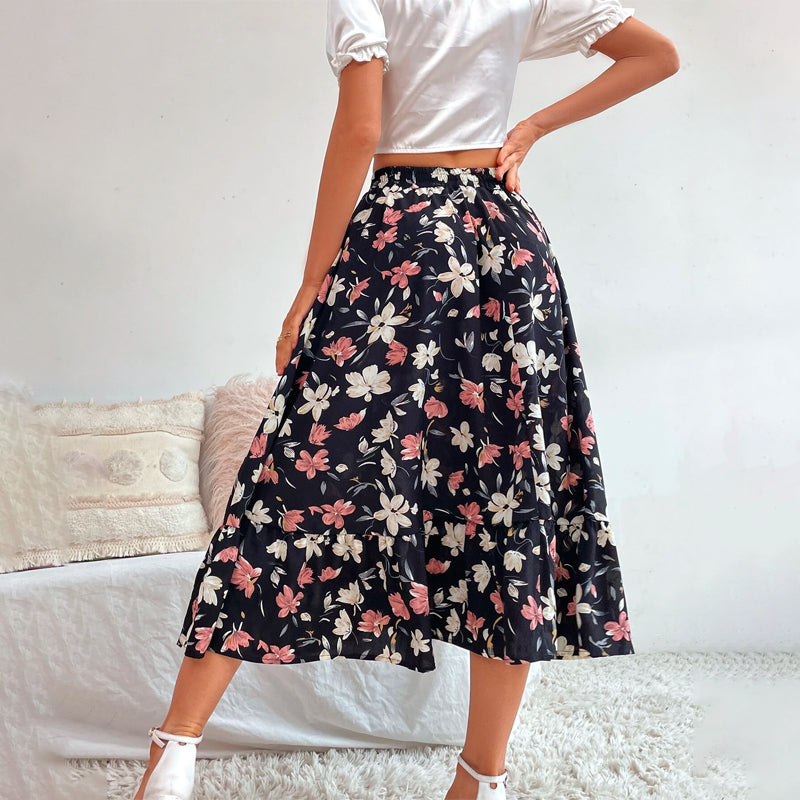 Allover Floral Print Ruffle Hem Skirt