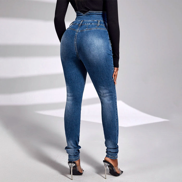 High Waist Button Front Plain Skinny Jeans