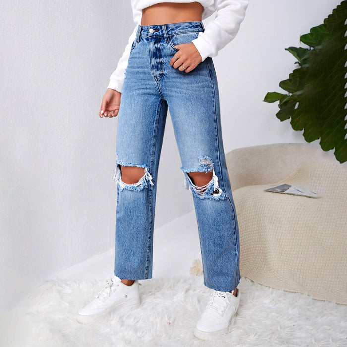 Ripped Raw Cut Straight Leg Jeans