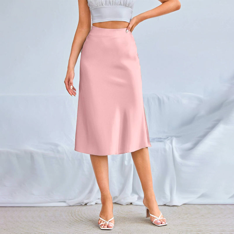 Zipper Side Solid Satin Skirt