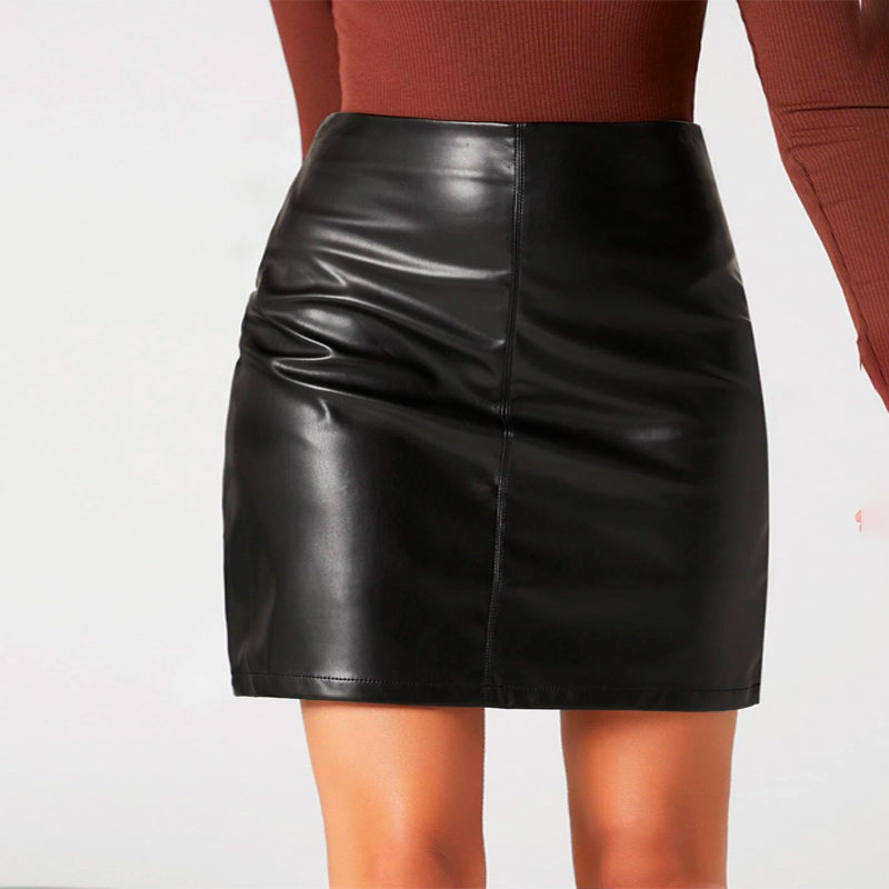 Solid Zip Back PU Leather Straight Skirt