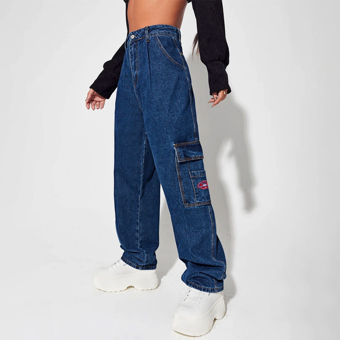 Patched Detail Flap Pocket Wide Leg Jeans