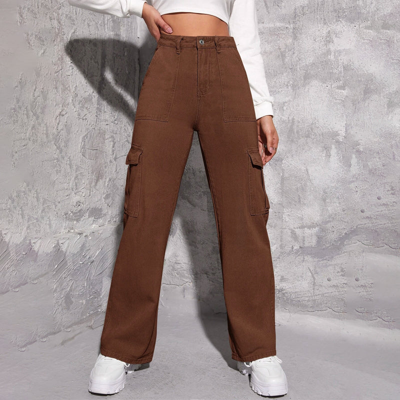 High Waisted Flap Pocket Cargo Jeans