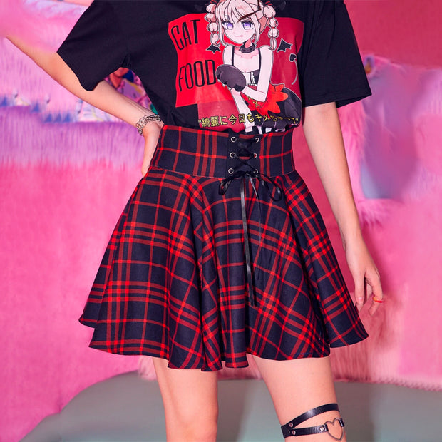 Casual Anime Plaid Lace Up Skirt