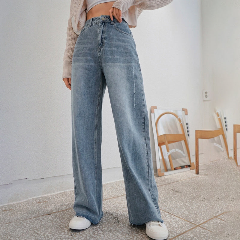 High Waist Slant Pocket Raw Cut Jeans