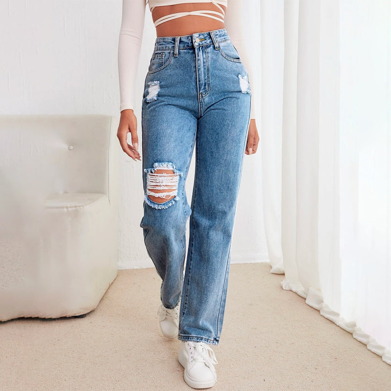 High Waisted Straight Leg Ripped Jeans