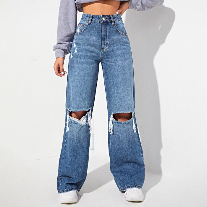 High Waisted Ripped Wide Leg Jeans