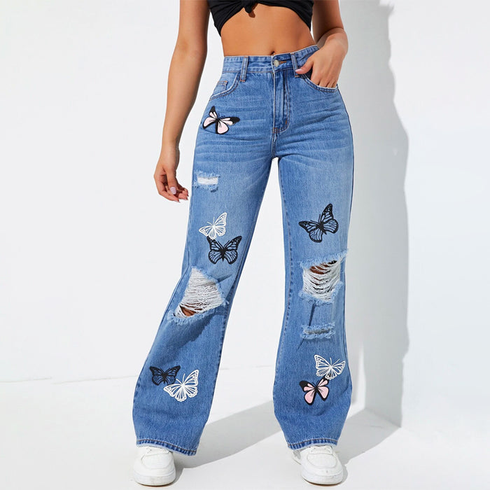 Butterfly Print Ripped Straight Leg Jeans