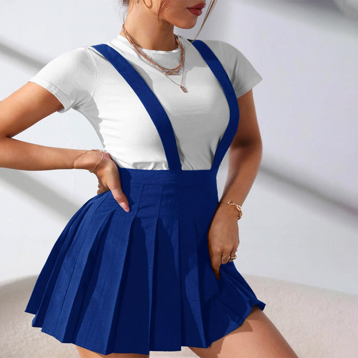 Solid Pleated Suspender Skirt