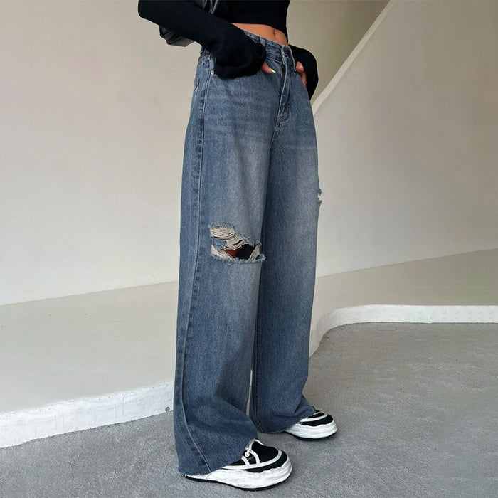 Ripped Raw Trim Wide Leg Jeans