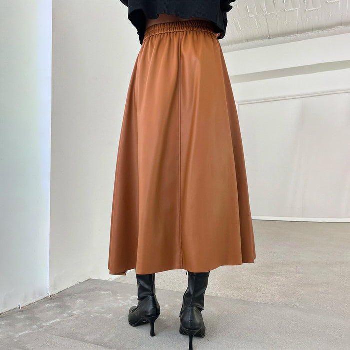 Solid PU Elastic Waist Skirt