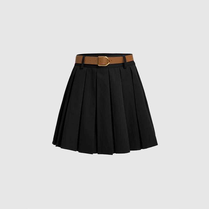 Solid Pleated Belted Skirt